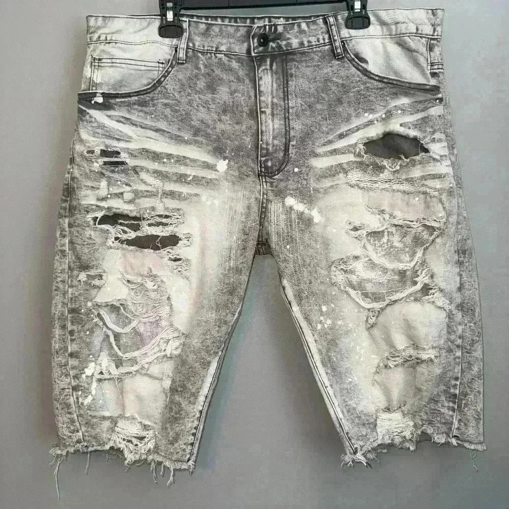 EUC Smoker Rise Denim Ripoff Rip & Repair Jean Shorts Acid Wash Grey Size 42